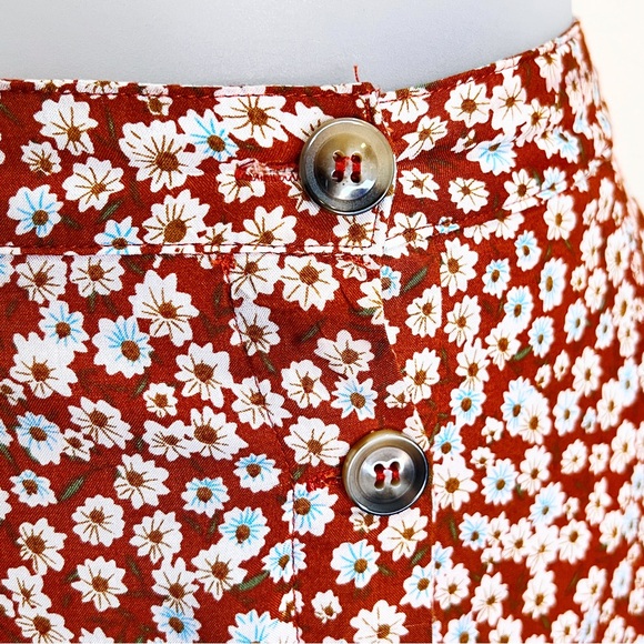 Rust Floral Mini Button Down Skater Skirt Womens 9 Floaty Casual Fall - Picture 3 of 8